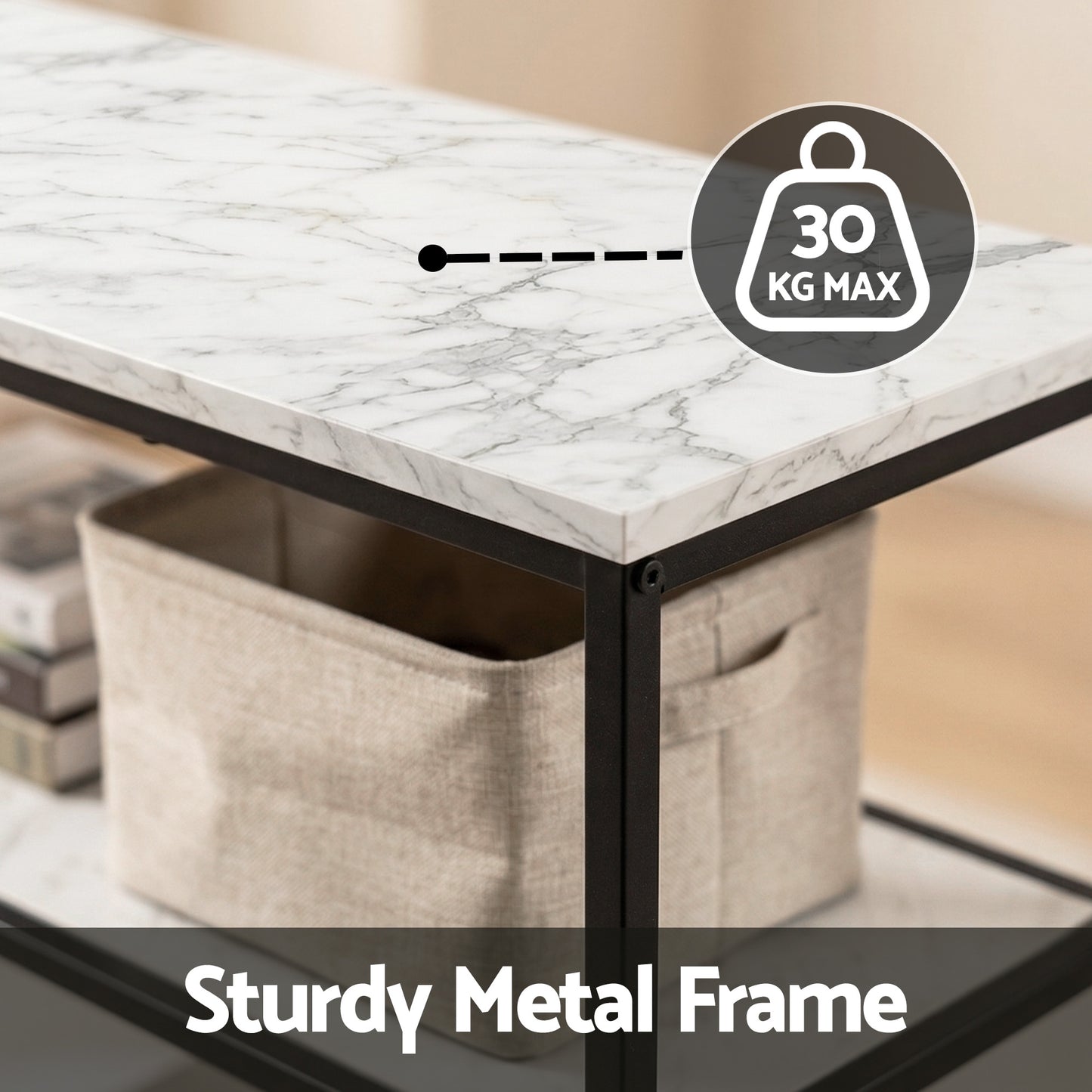 TWSC Console Table Marble Effect 3-Tier Sofa Entryway Side Table 90CM White