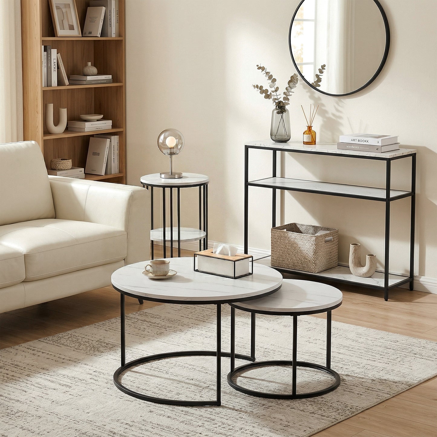 TWSC Console Table Marble Effect 3-Tier Sofa Entryway Side Table 90CM White