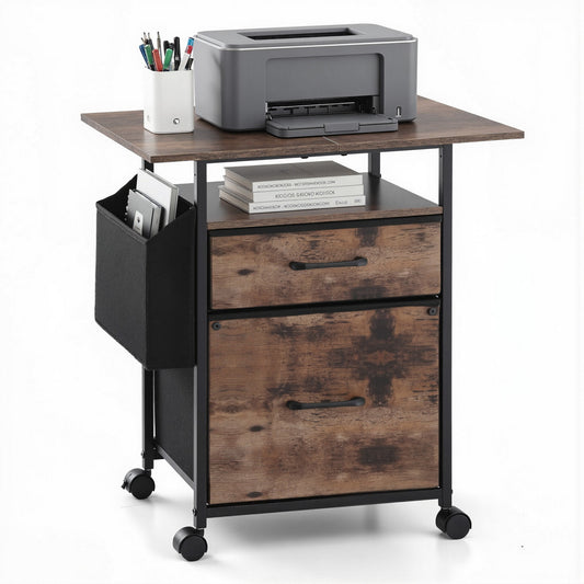 Fabric Drawer File Cabinet with Rolling Printer Stand and Side Bag – Rustic Brown, 60cm Desktop