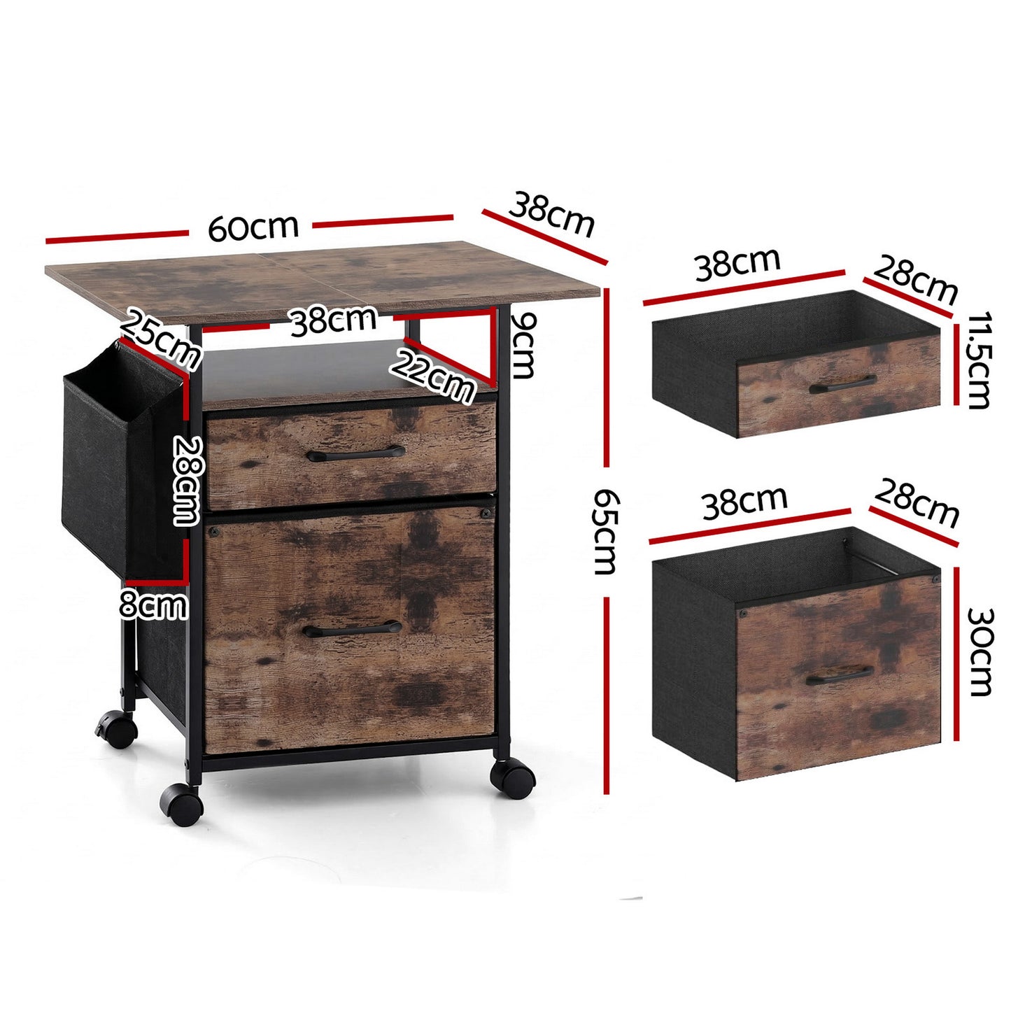 TWSC 2 Fabric Drawer File Cabinet Printer Stand Rolling File Cabinet with Side Bag