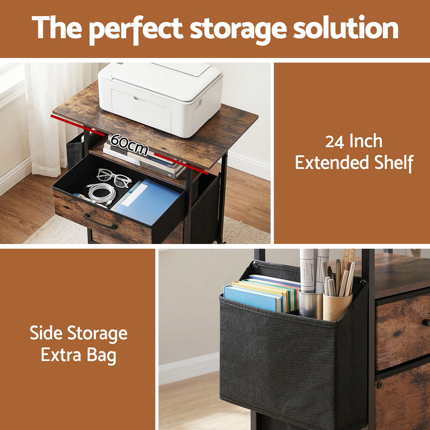 TWSC 2 Fabric Drawer File Cabinet Printer Stand Rolling File Cabinet with Side Bag