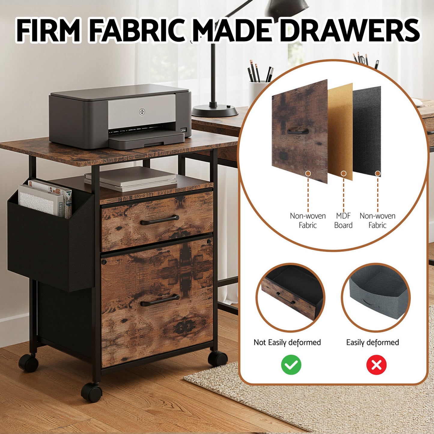 TWSC 2 Fabric Drawer File Cabinet Printer Stand Rolling File Cabinet with Side Bag
