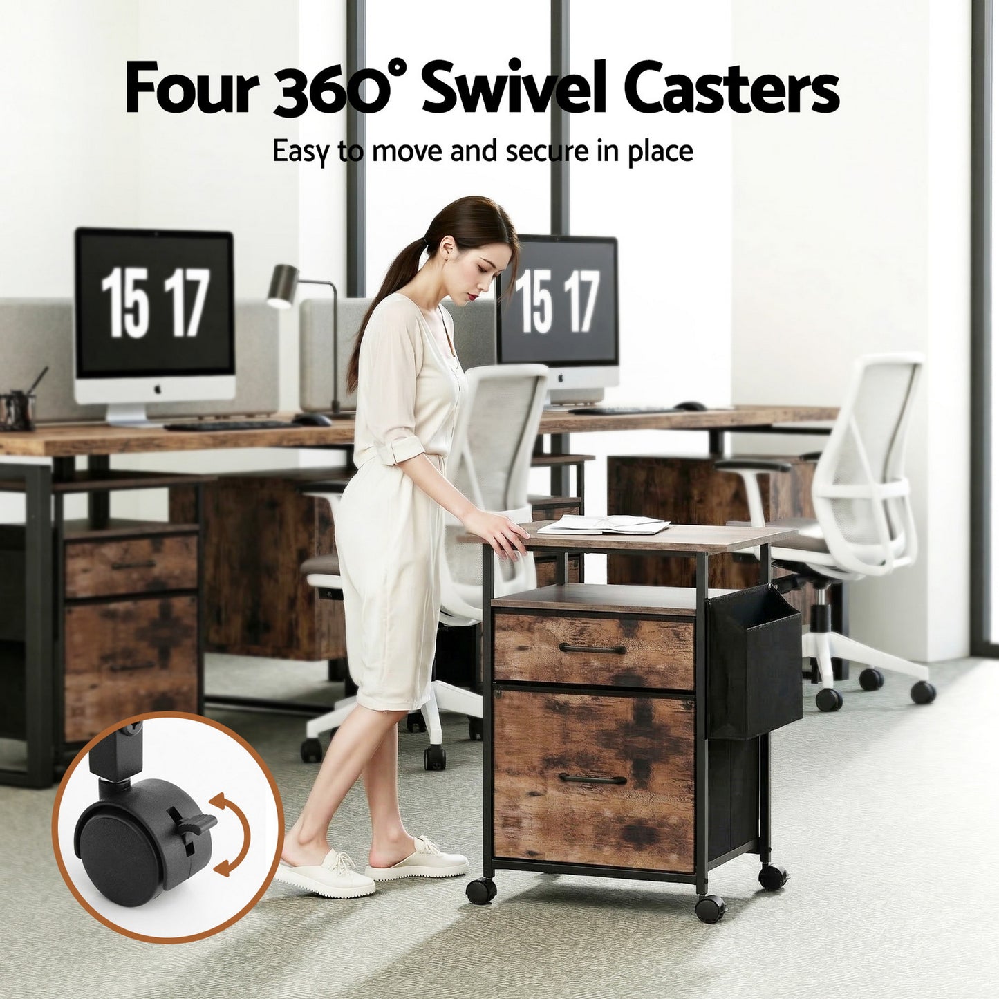 TWSC 2 Fabric Drawer File Cabinet Printer Stand Rolling File Cabinet with Side Bag