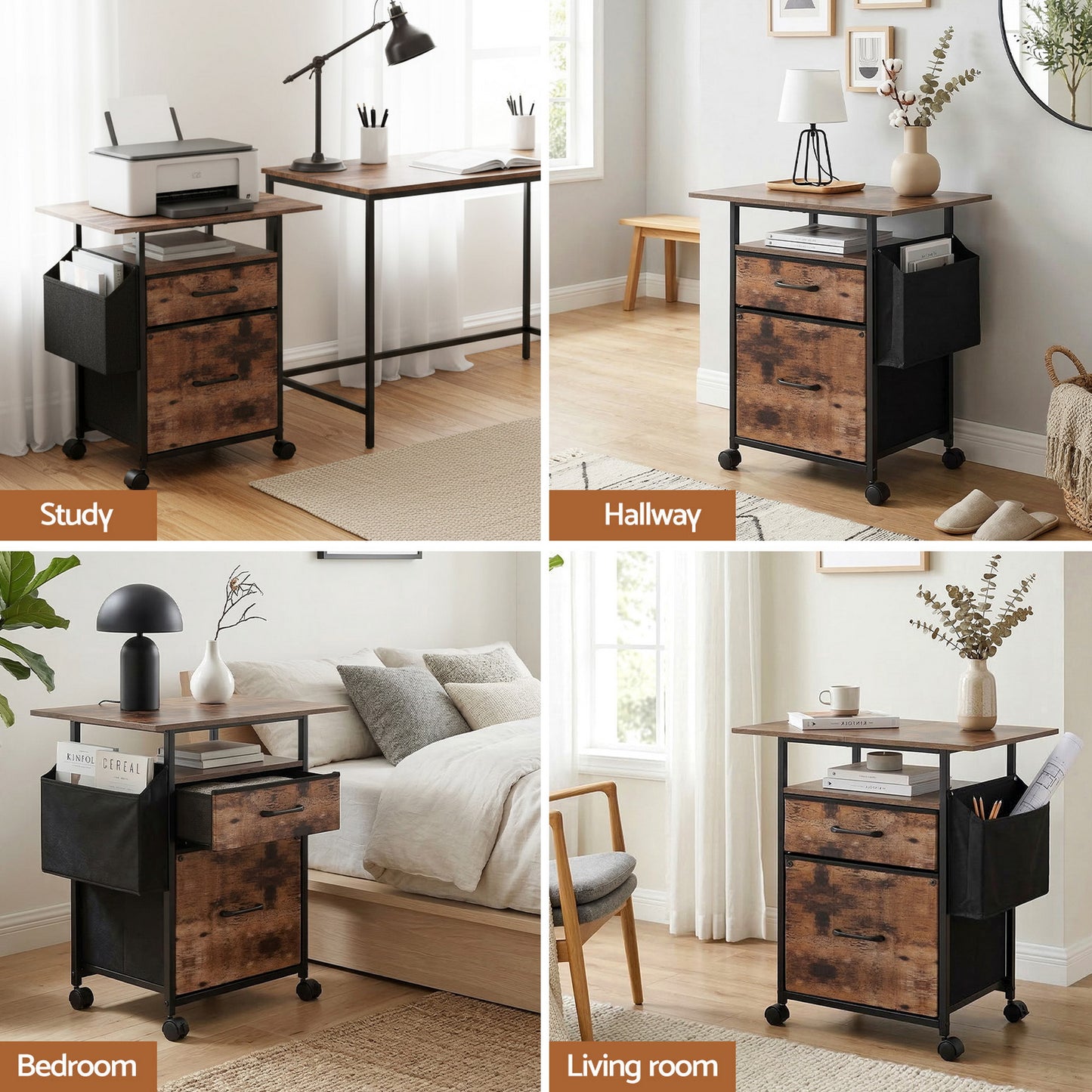 TWSC 2 Fabric Drawer File Cabinet Printer Stand Rolling File Cabinet with Side Bag