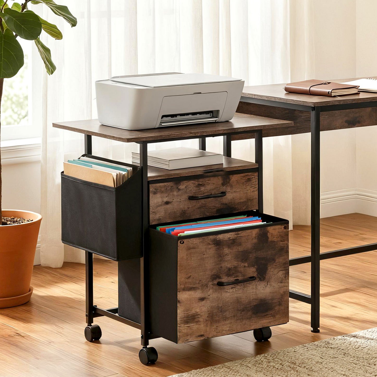 TWSC 2 Fabric Drawer File Cabinet Printer Stand Rolling File Cabinet with Side Bag