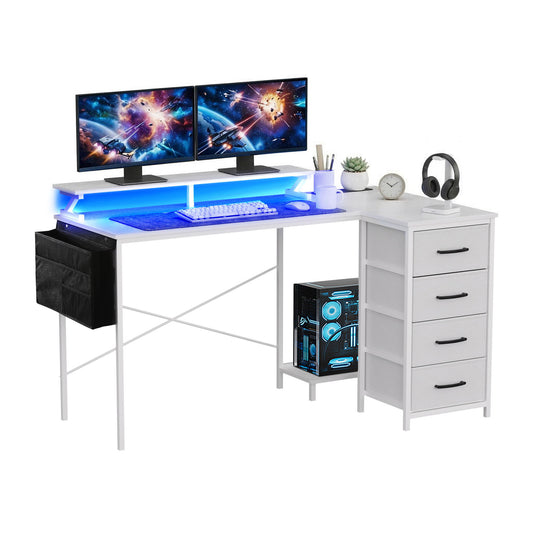 L-Shaped Gaming Desk with LED Lights and Power Outlets – 140cm