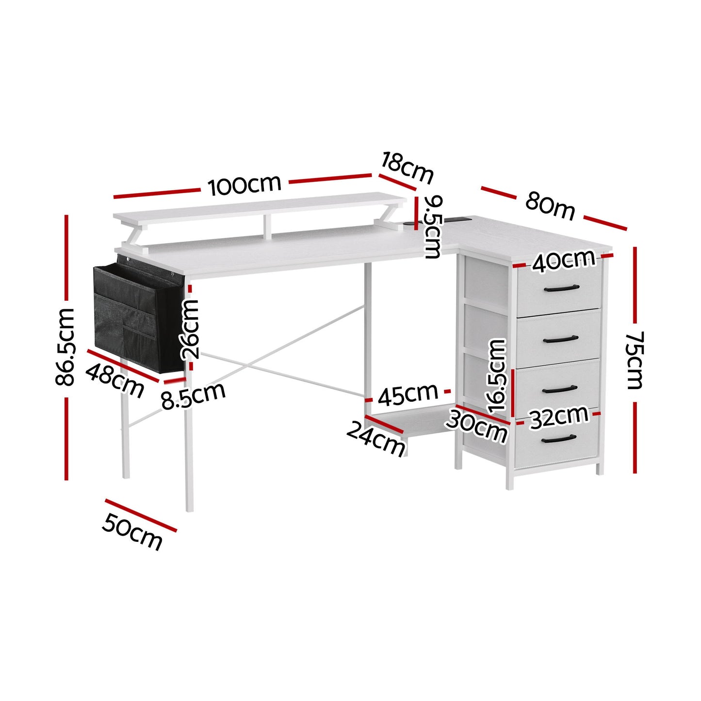 L-Shaped Gaming Desk with LED Lights and Power Outlets – 140cm