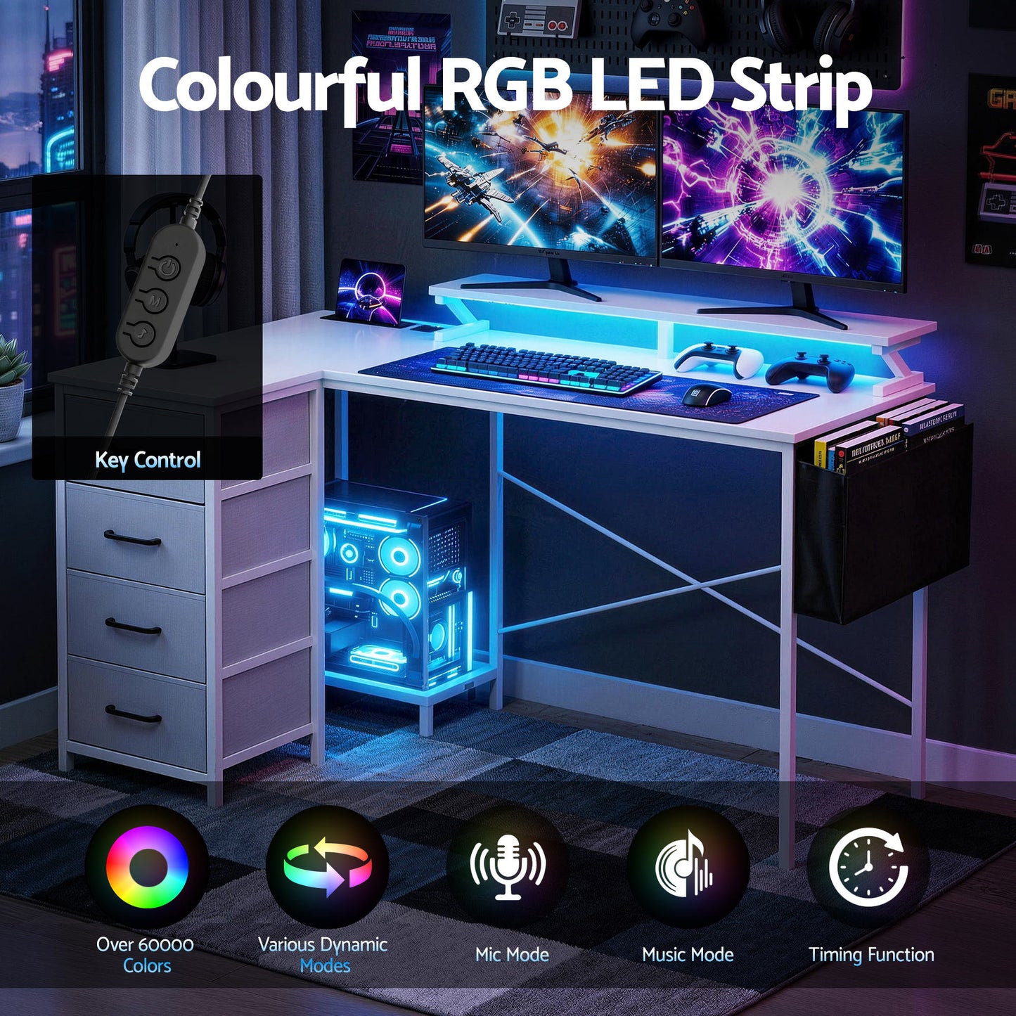 L-Shaped Gaming Desk with LED Lights and Power Outlets – 140cm