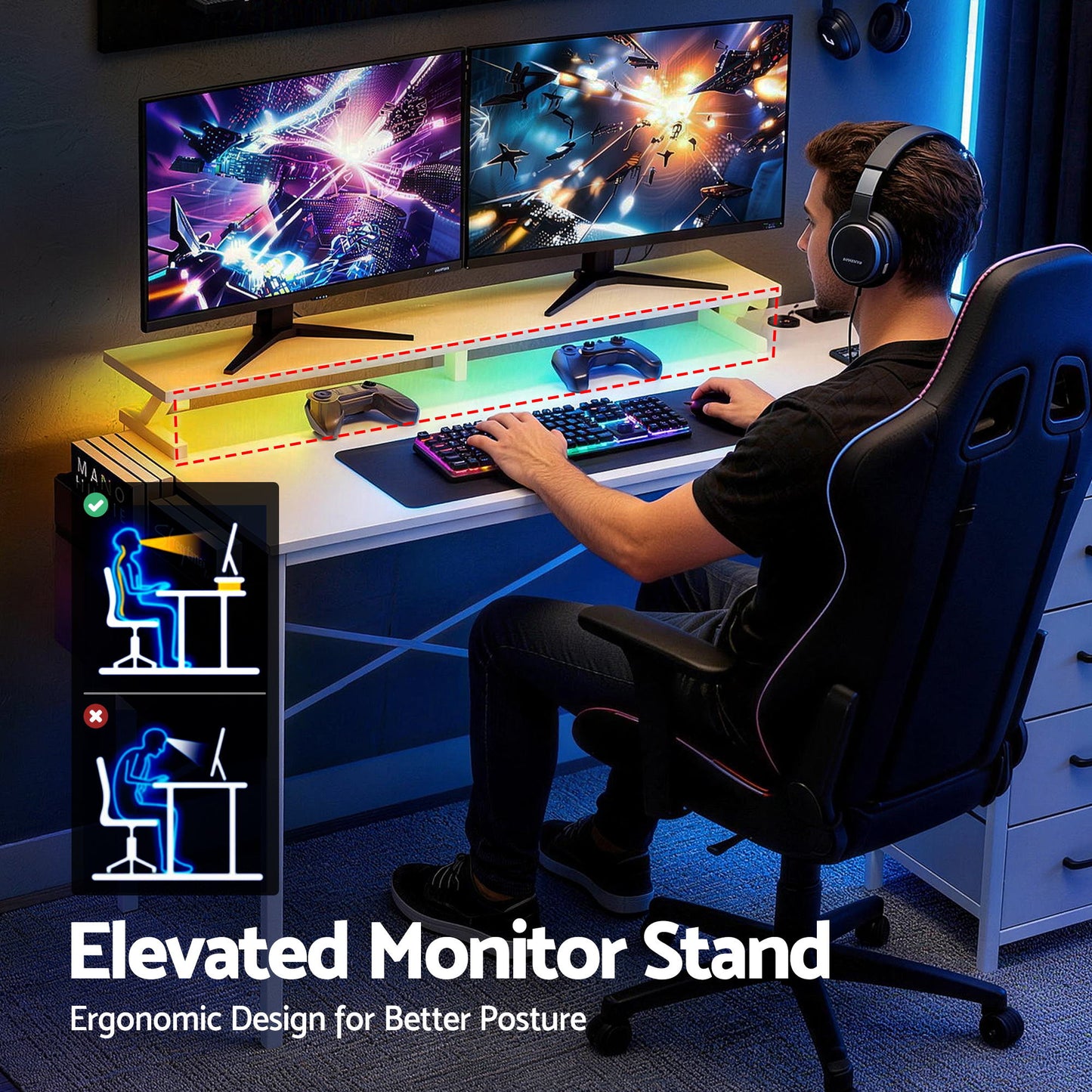 L-Shaped Gaming Desk with LED Lights and Power Outlets – 140cm