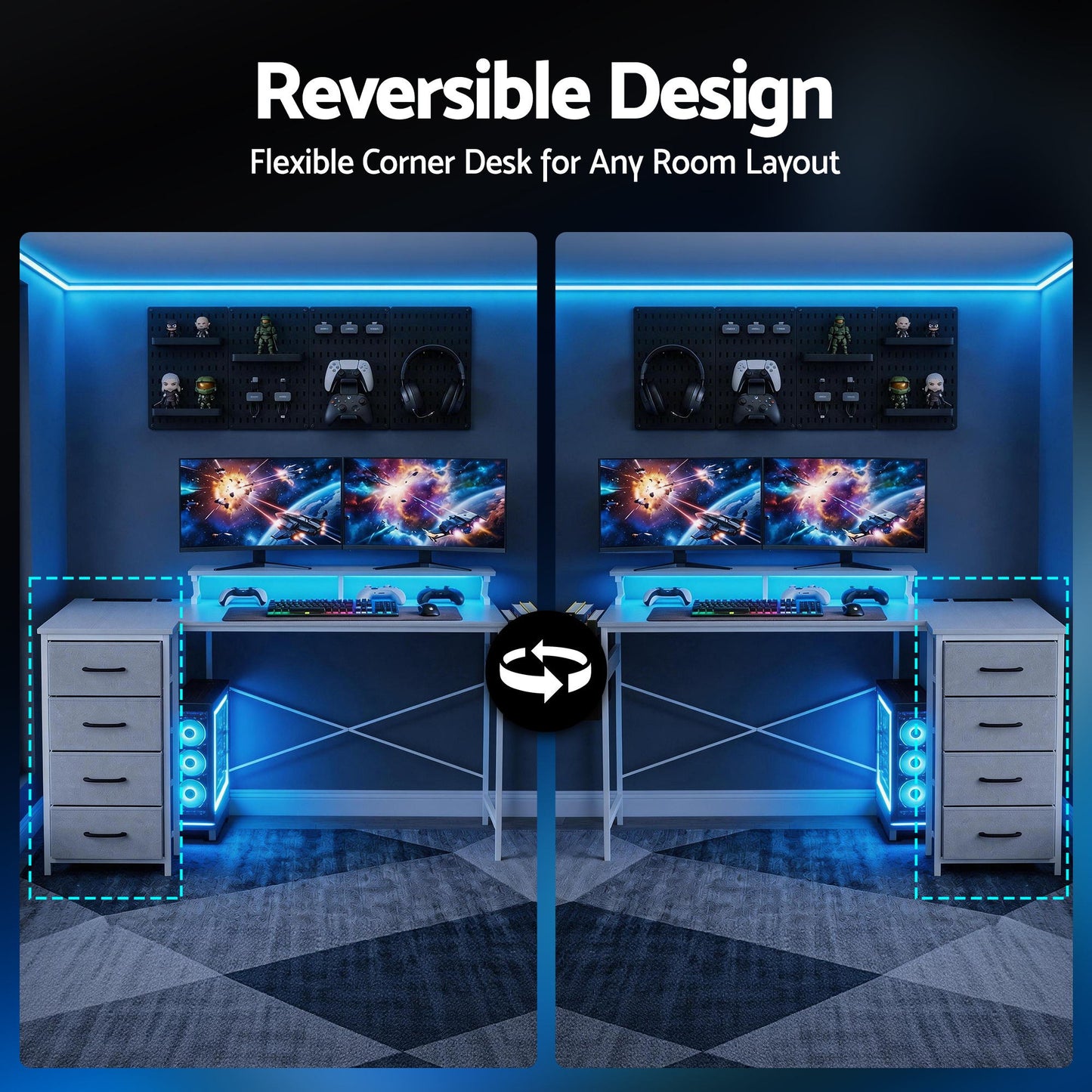 L-Shaped Gaming Desk with LED Lights and Power Outlets – 140cm