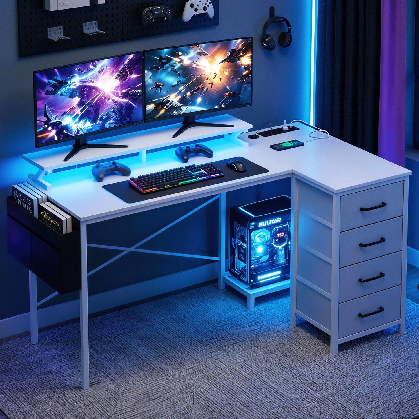 L-Shaped Gaming Desk with LED Lights and Power Outlets – 140cm