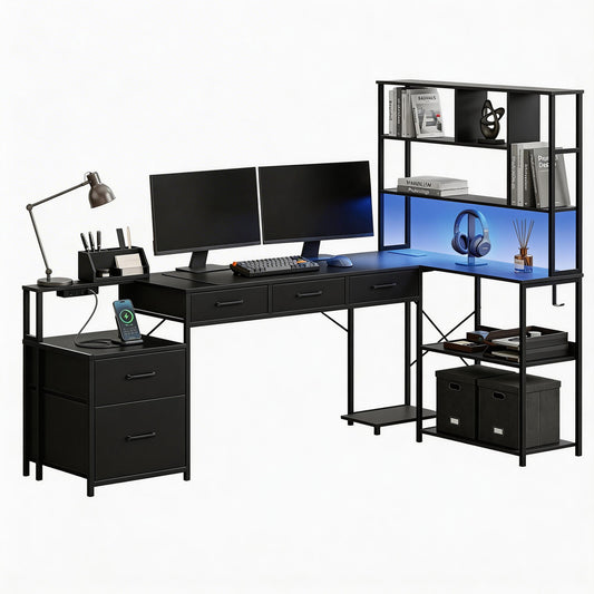 L-Shaped Gaming Desk with LED Lights and Power Outlets – 200cm, Black