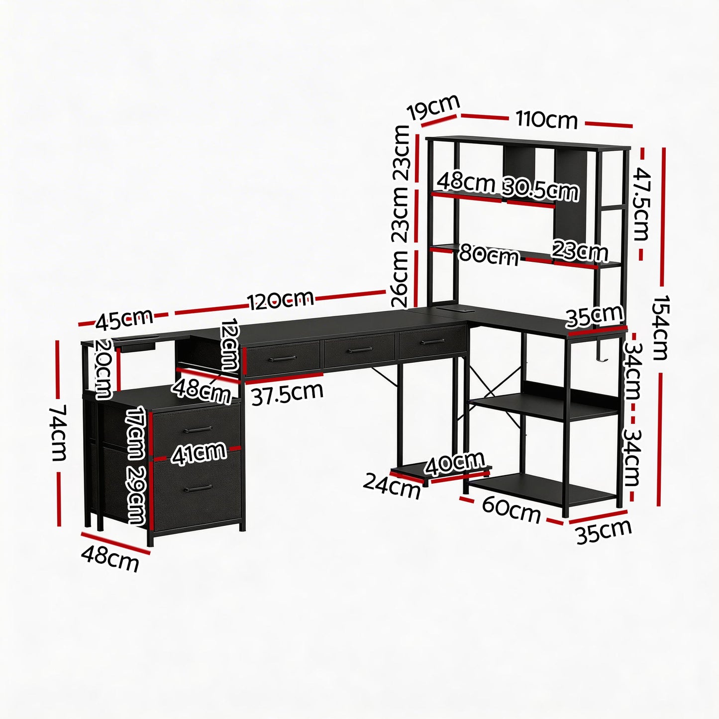 L-Shaped Gaming Desk with LED Lights and Power Outlets – 200cm, Black