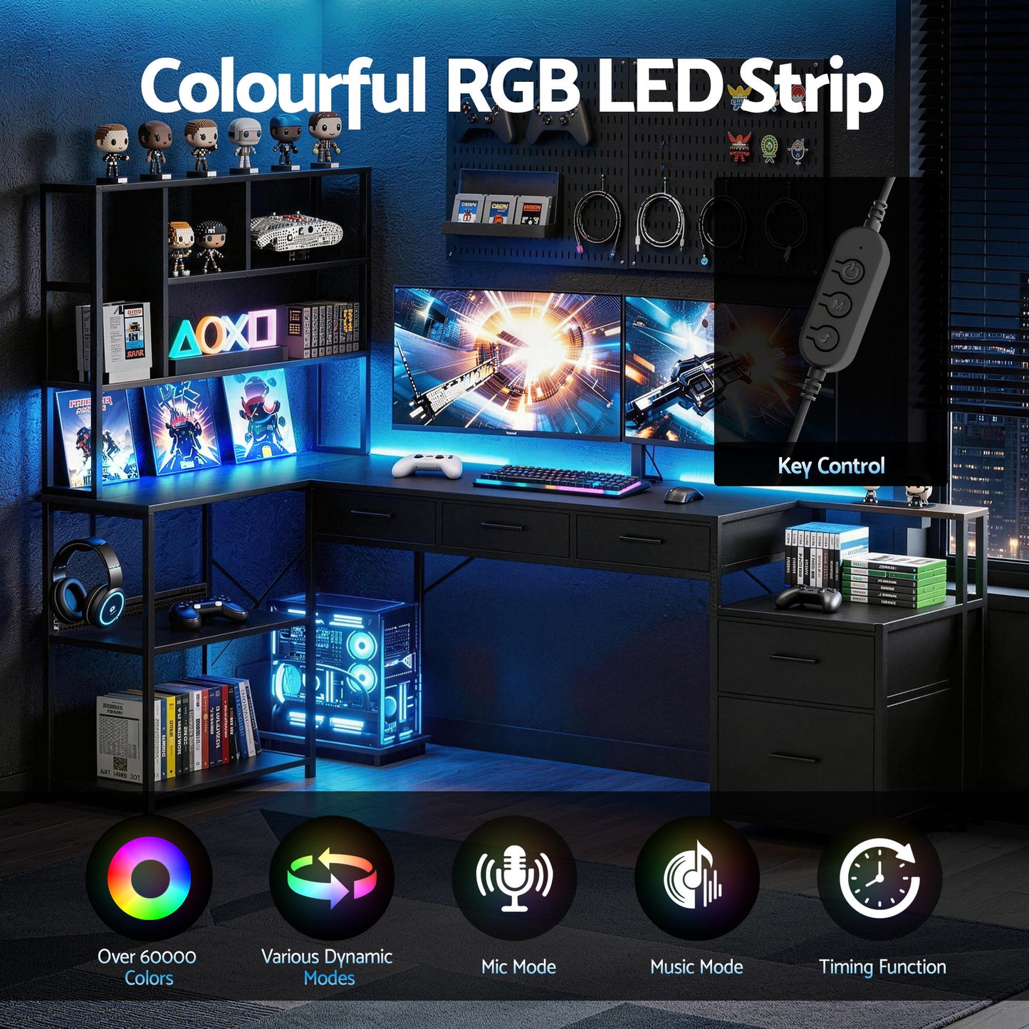 L-Shaped Gaming Desk with LED Lights and Power Outlets – 200cm, Black