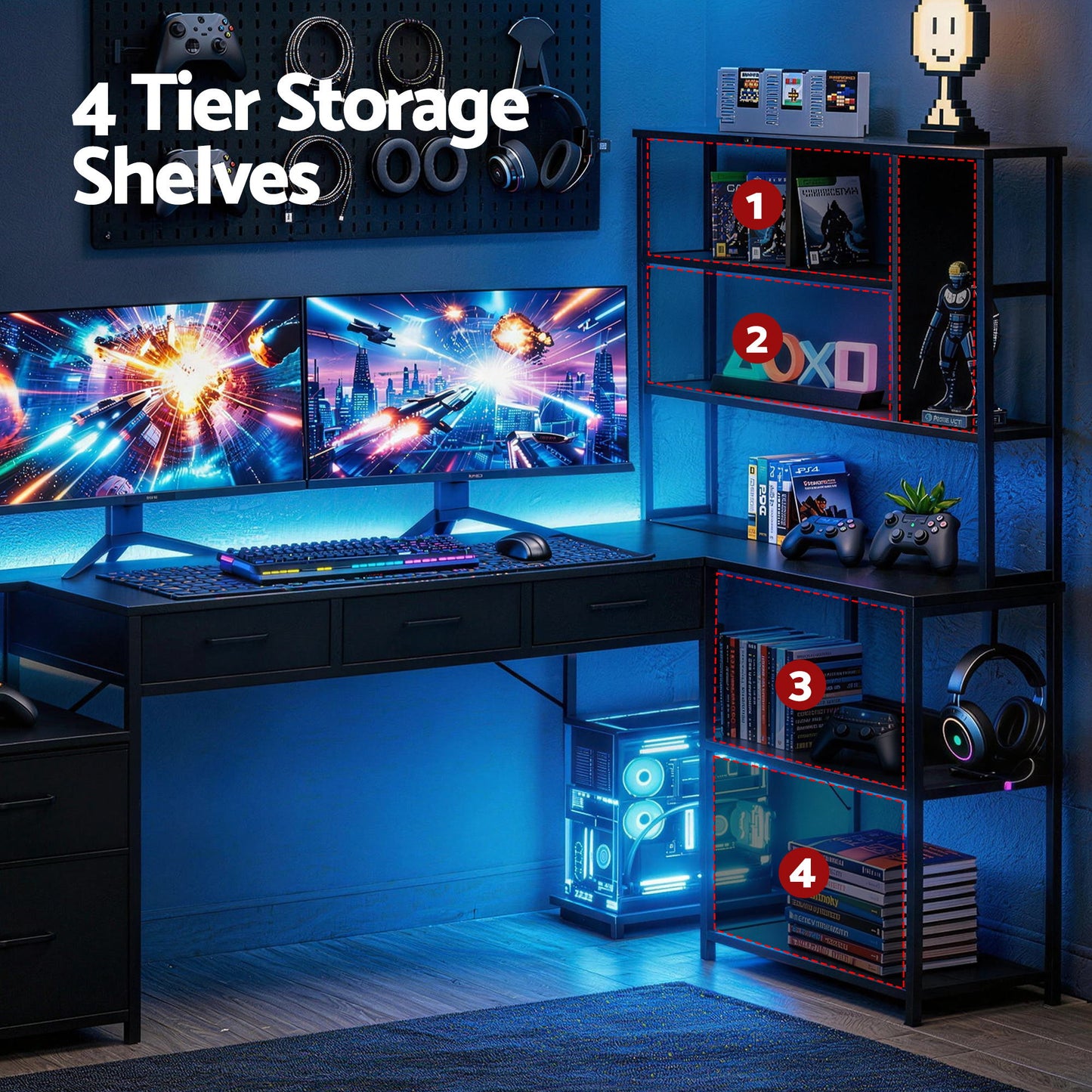 L-Shaped Gaming Desk with LED Lights and Power Outlets – 200cm, Black