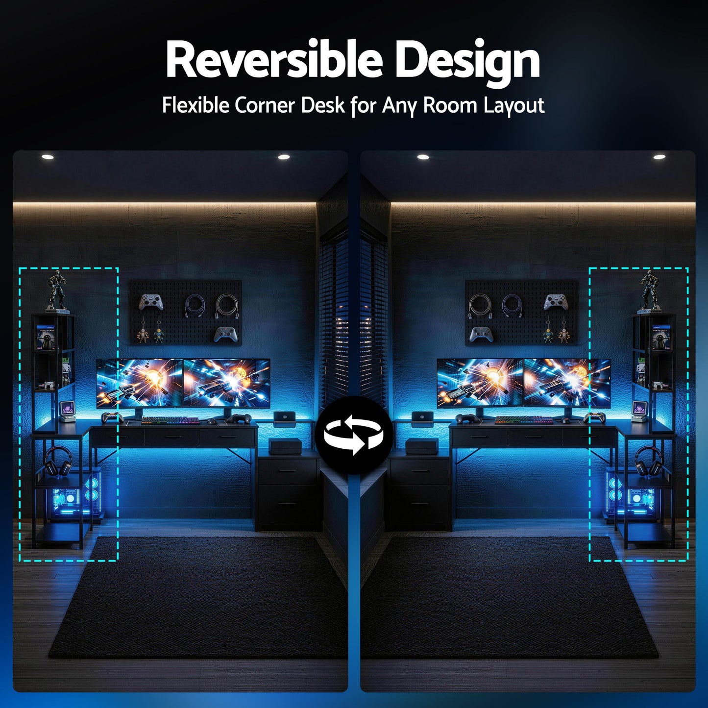L-Shaped Gaming Desk with LED Lights and Power Outlets – 200cm, Black