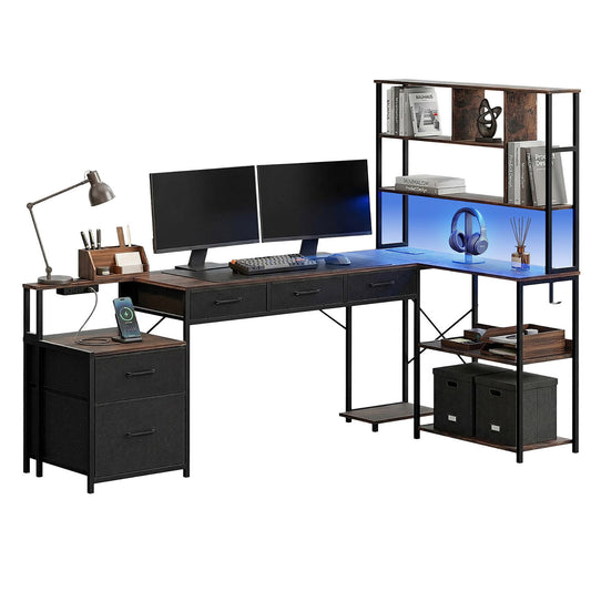 L-Shaped Gaming Desk with LED Lights and Power Outlets – 200cm
