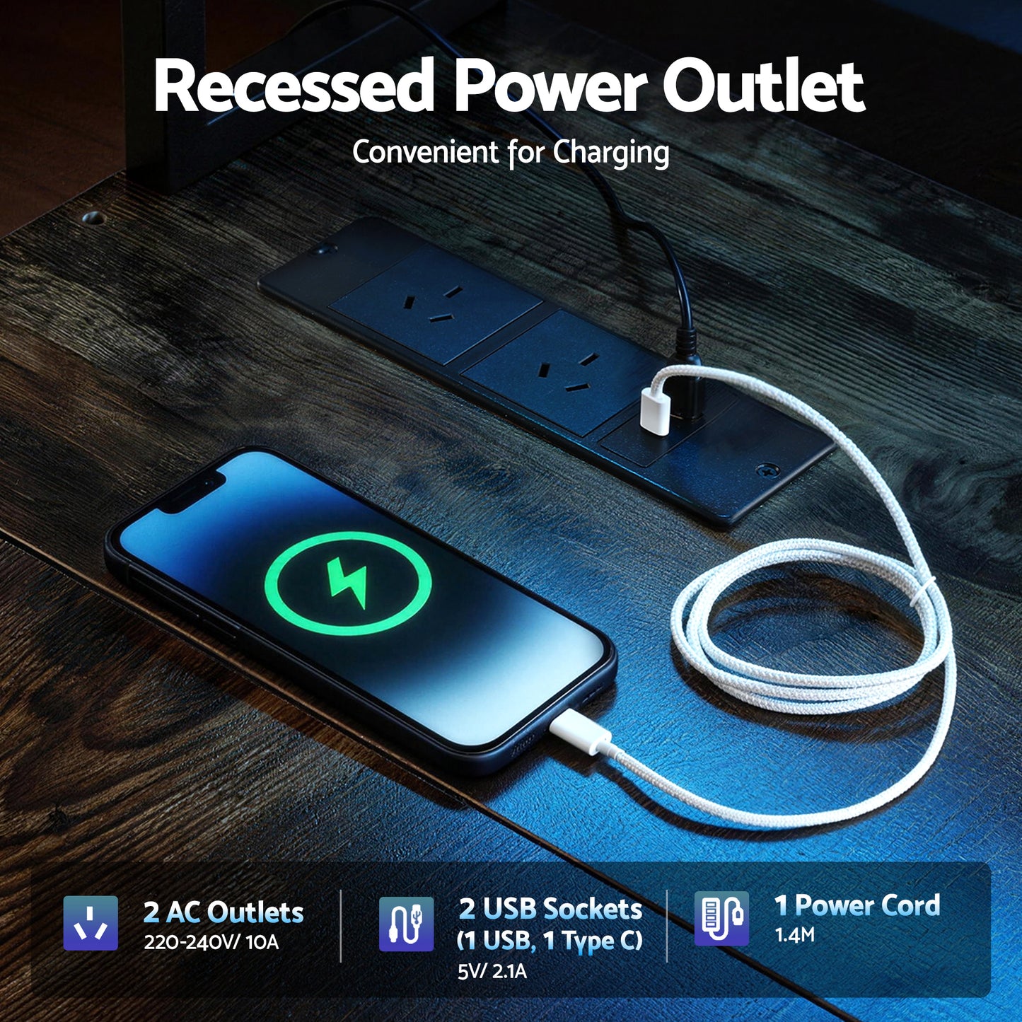 TWSC 200cm L Shaped Gaming Desk Computer Desk with LED Lights & Power Outlets