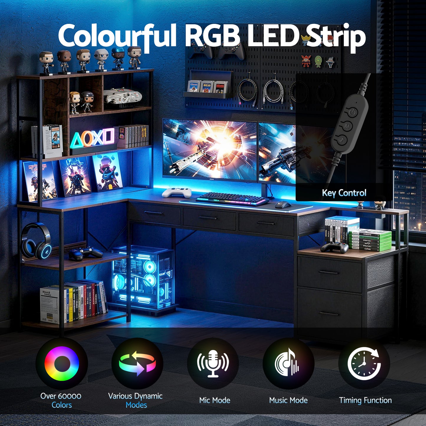 TWSC 200cm L Shaped Gaming Desk Computer Desk with LED Lights & Power Outlets