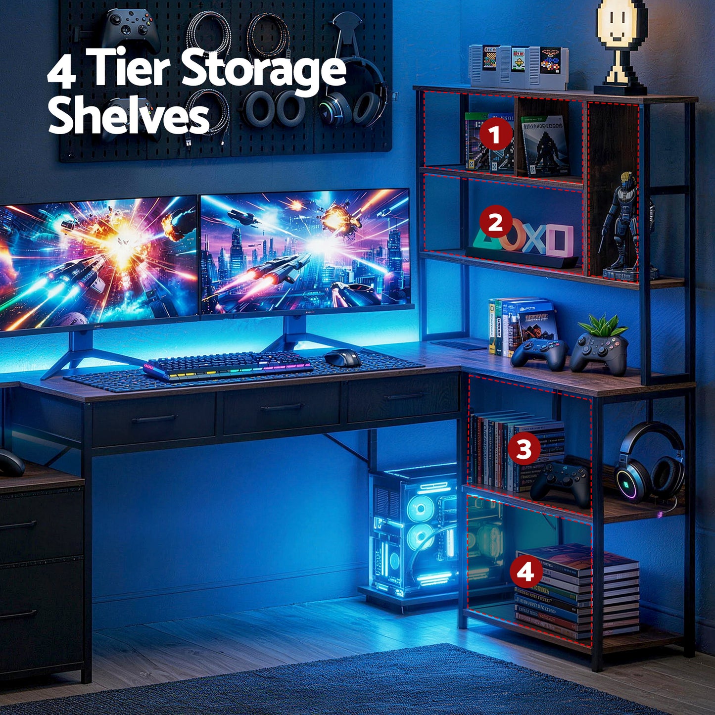 TWSC 200cm L Shaped Gaming Desk Computer Desk with LED Lights & Power Outlets