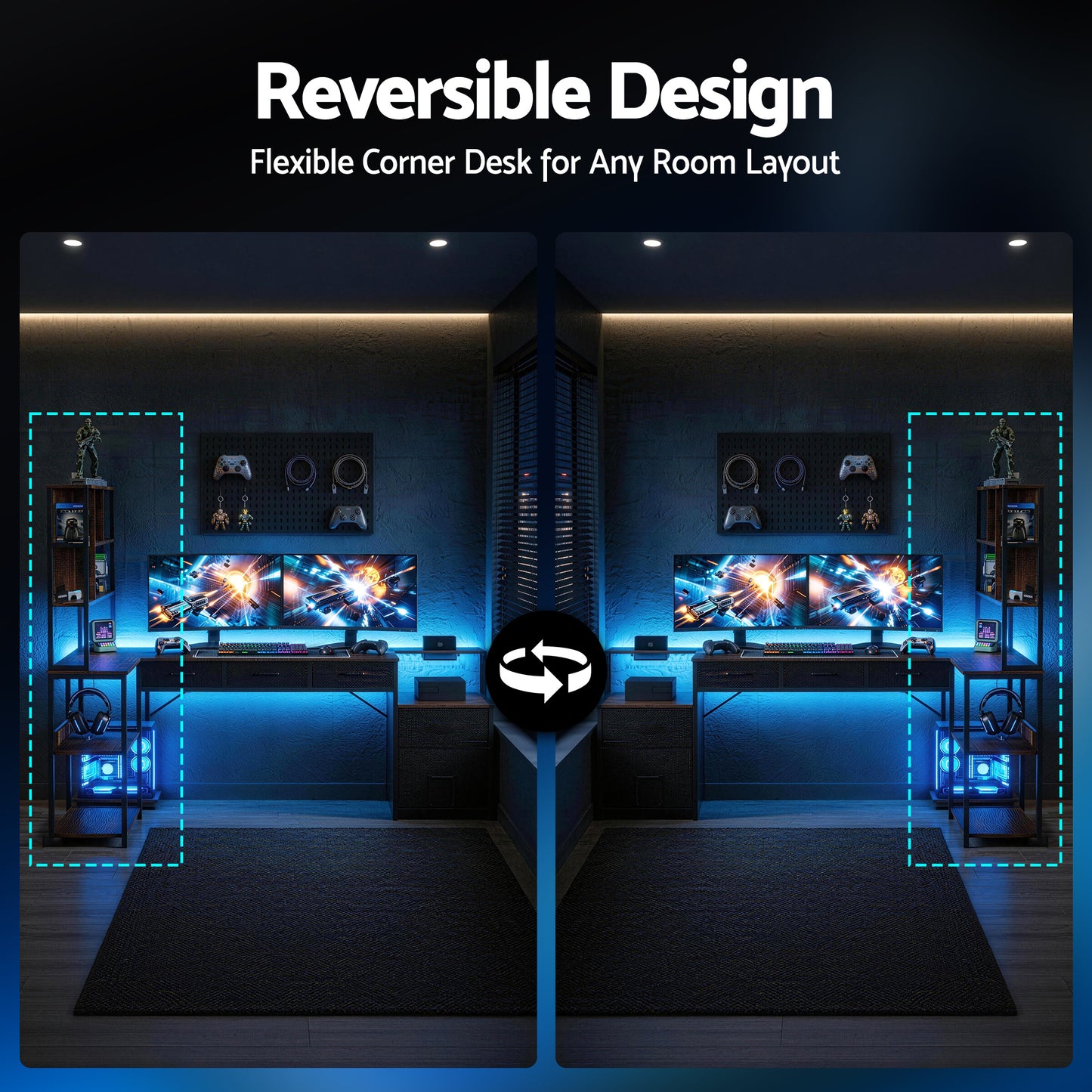 TWSC 200cm L Shaped Gaming Desk Computer Desk with LED Lights & Power Outlets