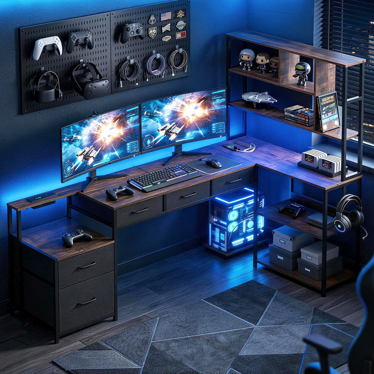 TWSC 200cm L Shaped Gaming Desk Computer Desk with LED Lights & Power Outlets