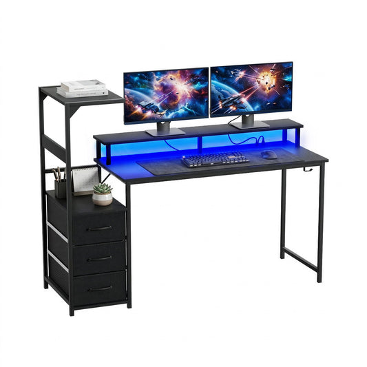 L-Shaped Gaming Desk with LED Lights and Power Outlets – 145cm, Black