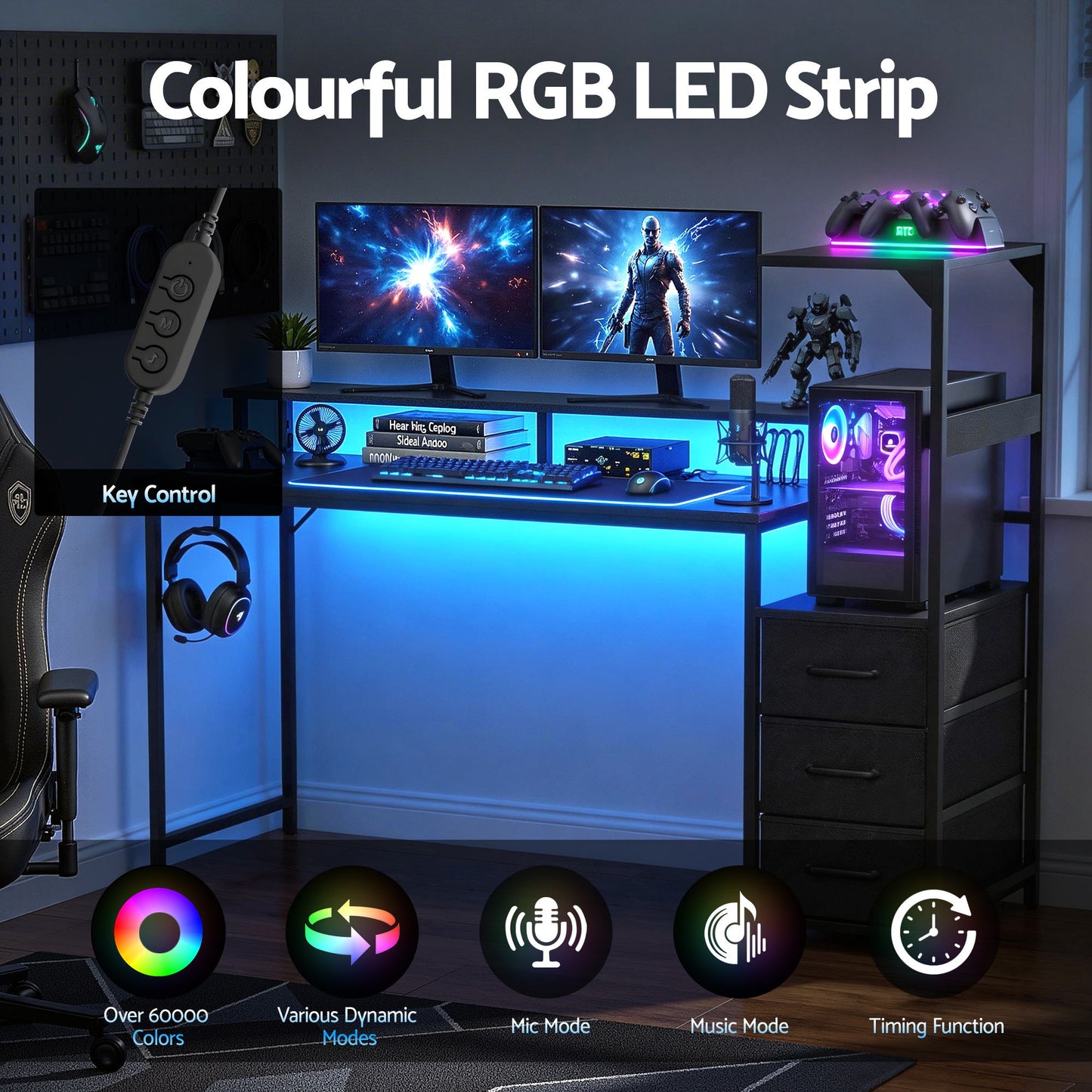 TWSC 145cm L Shaped Gaming Desk Computer Desk with LED Lights & Power Outlets