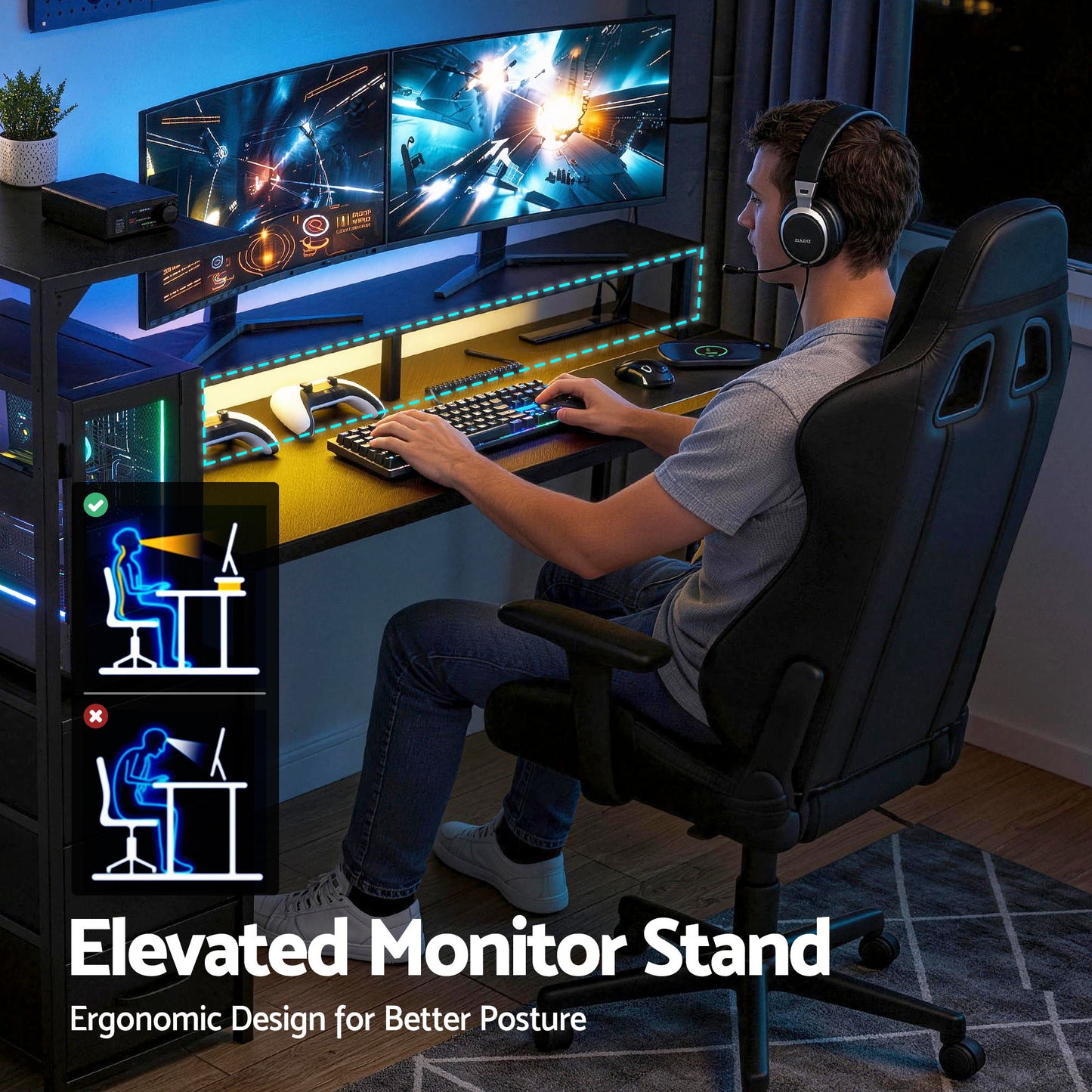 TWSC 145cm L Shaped Gaming Desk Computer Desk with LED Lights & Power Outlets