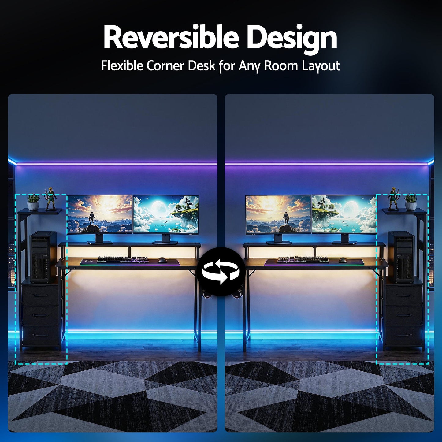TWSC 145cm L Shaped Gaming Desk Computer Desk with LED Lights & Power Outlets