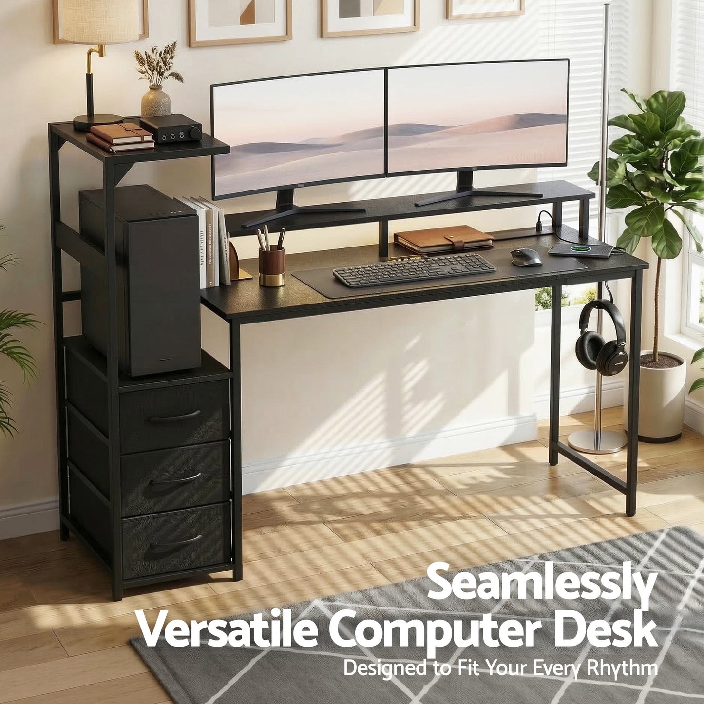 TWSC 145cm L Shaped Gaming Desk Computer Desk with LED Lights & Power Outlets