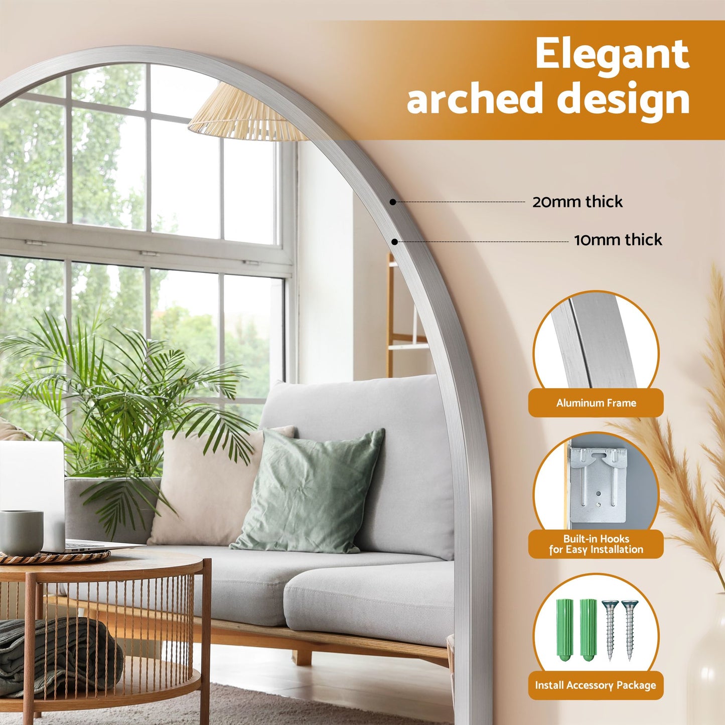 Embellir Arch Wall Mirror, Decorative Silver Frame Mirrors, 86x50cm Bathroom Vanity Mirror, Slim Frame for Living Room Entryway Bedroom Decor