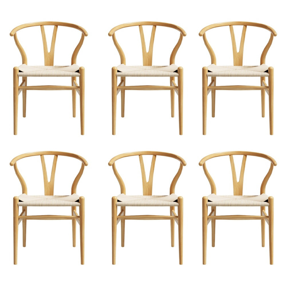 Wishbone Dining Chair Set of 6 – Wooden Frame, Rattan Seat