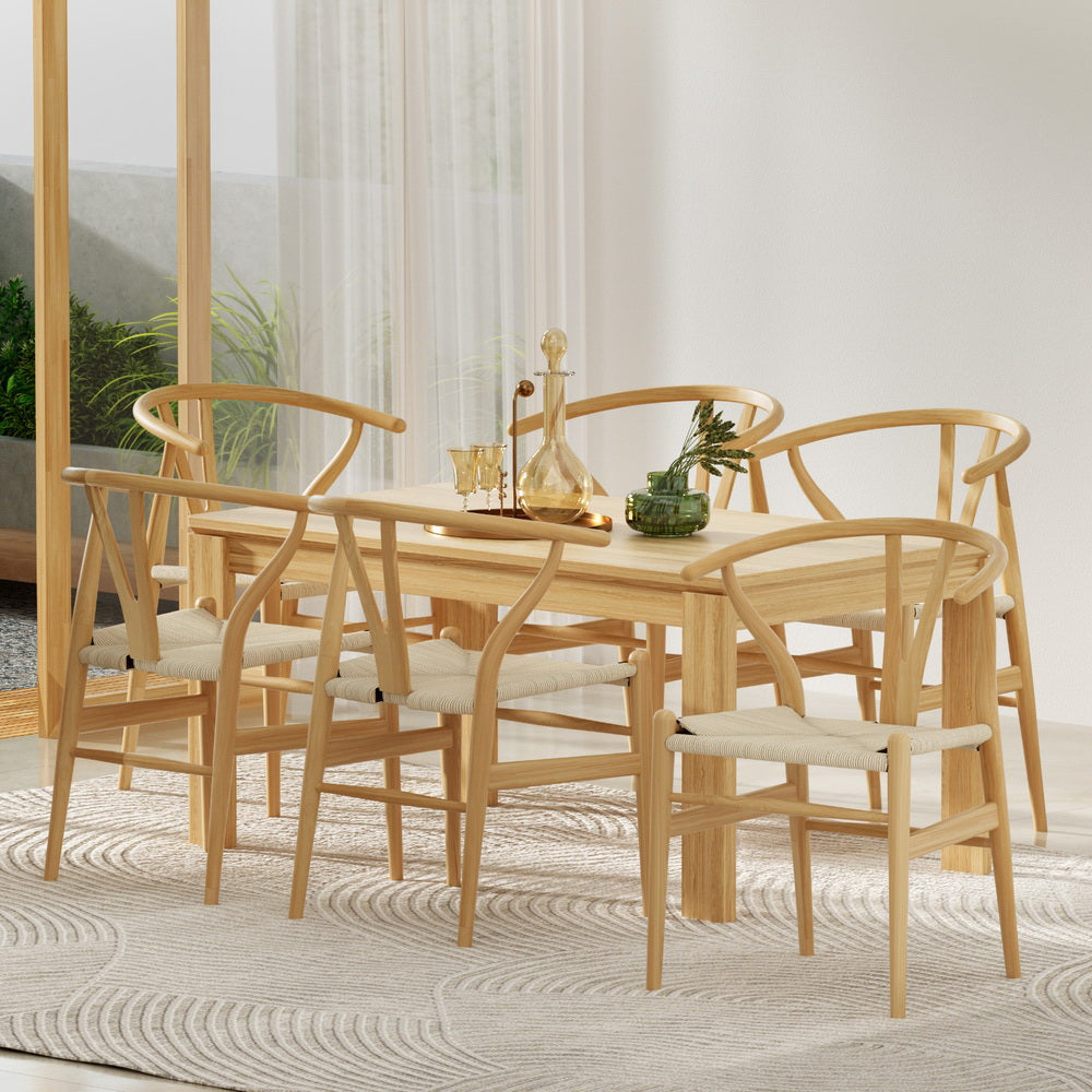 Wishbone Dining Chair Set of 6 – Wooden Frame, Rattan Seat