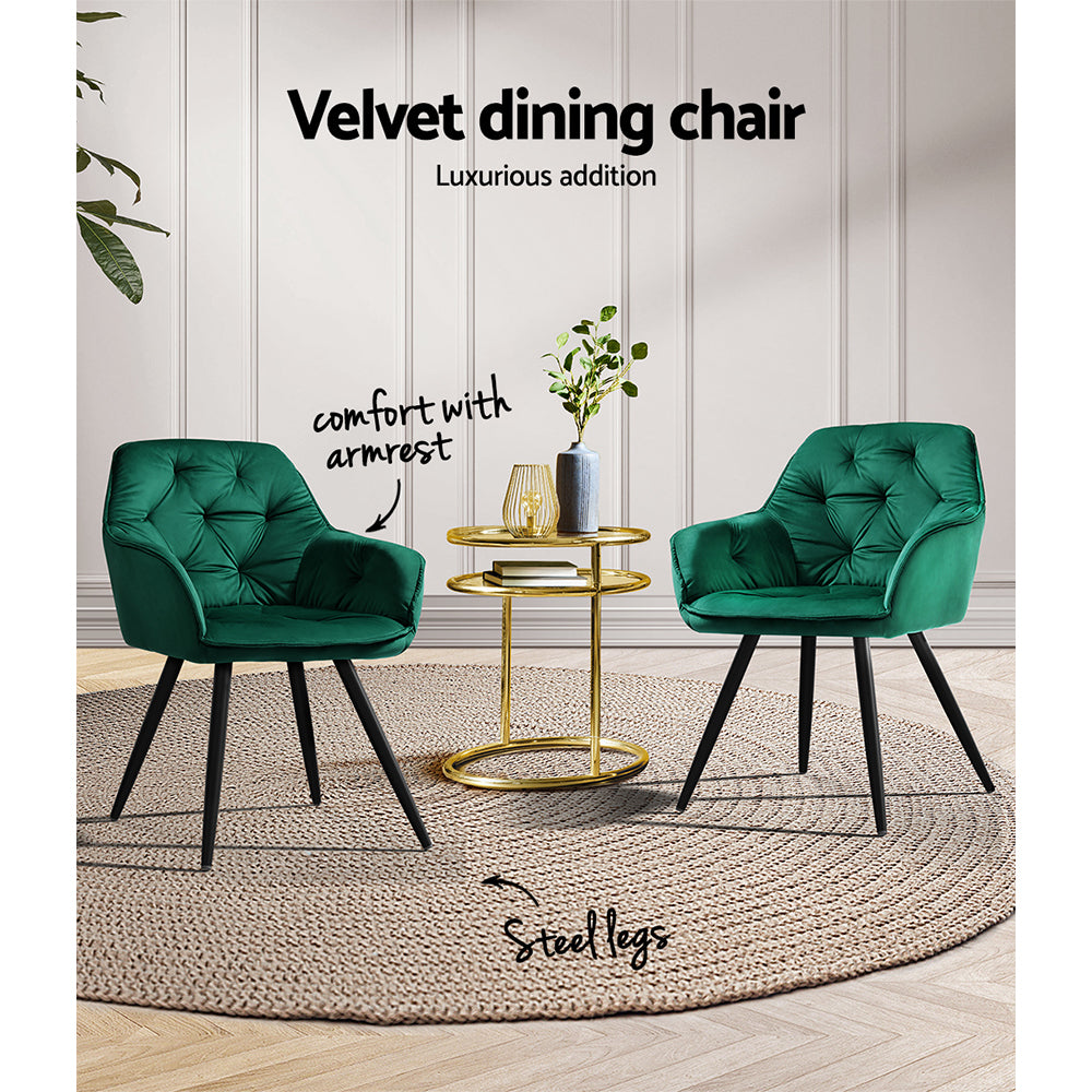 TWSC Dining Chairs Set of 2 Velvet Diamond Tufted Armchair Green