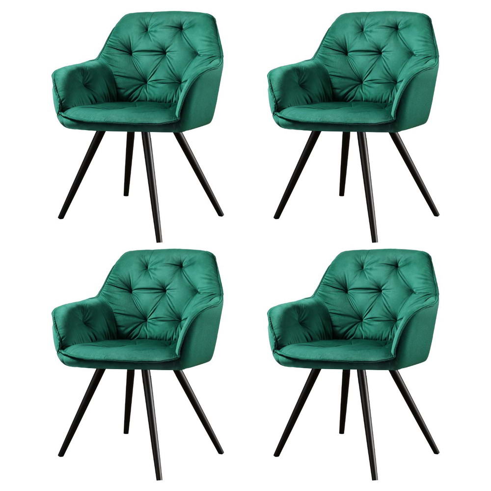 Dining Chairs Set of 4 – Velvet Diamond Tufted, Green with Armrests