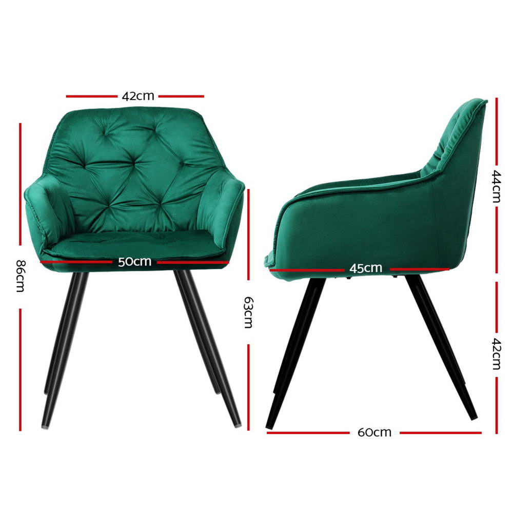 Dining Chairs Set of 4 – Velvet Diamond Tufted, Green with Armrests