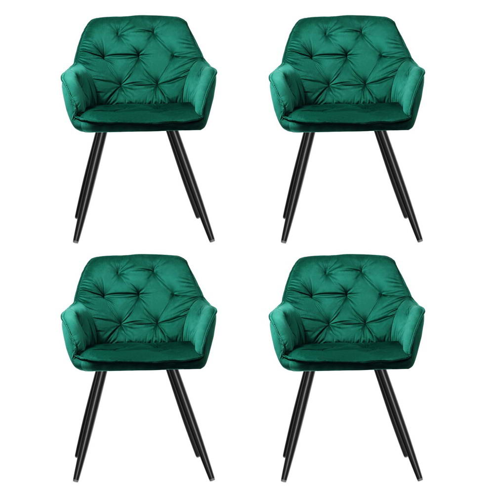 Dining Chairs Set of 4 – Velvet Diamond Tufted, Green with Armrests