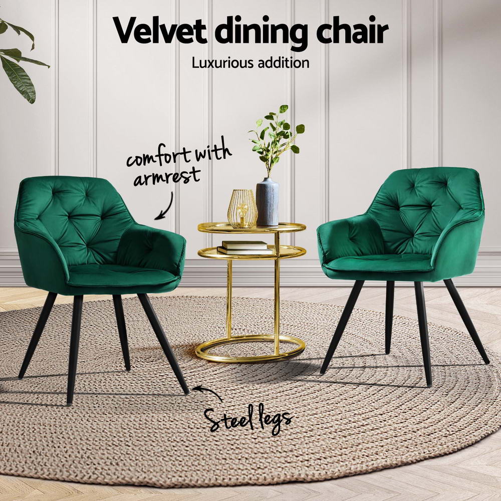 Dining Chairs Set of 4 – Velvet Diamond Tufted, Green with Armrests