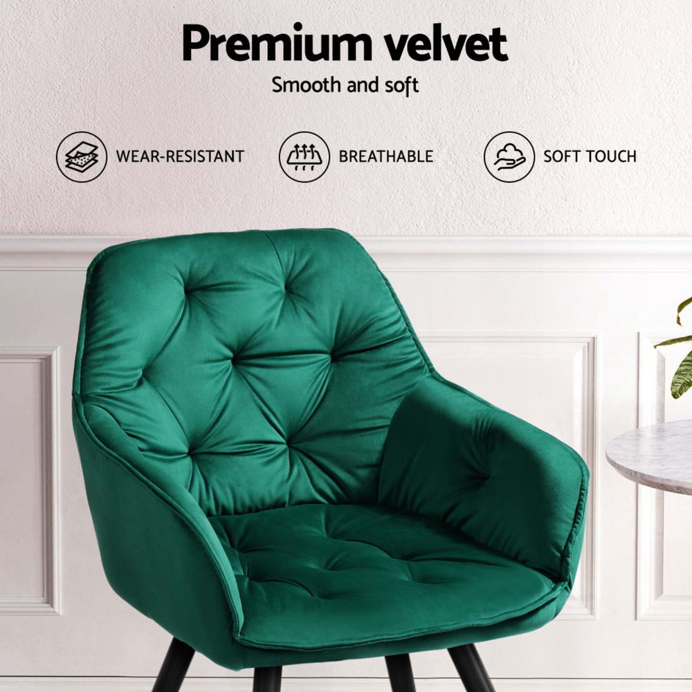 Dining Chairs Set of 4 – Velvet Diamond Tufted, Green with Armrests