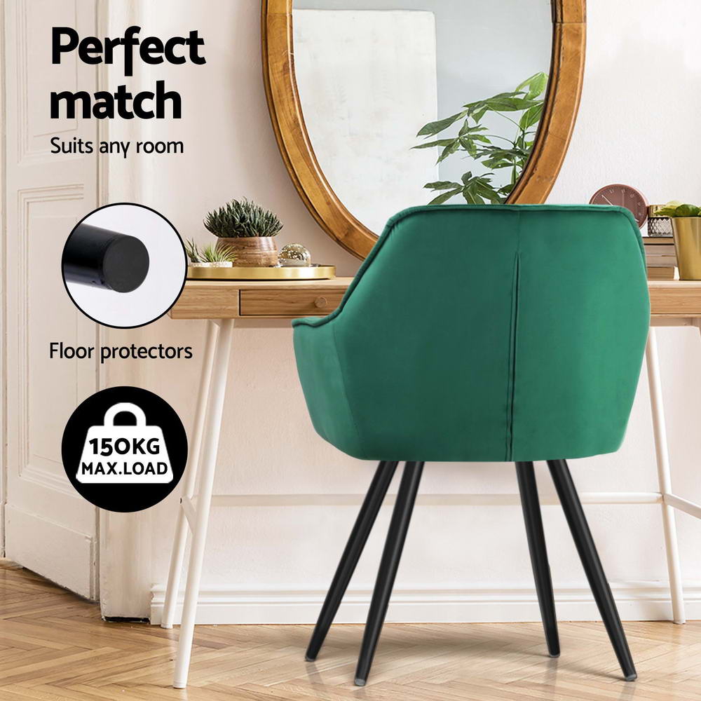 Dining Chairs Set of 4 – Velvet Diamond Tufted, Green with Armrests