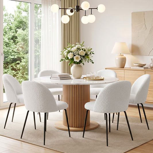 TWSC Dining Chairs Set of 6 Sherpa Boucle White
