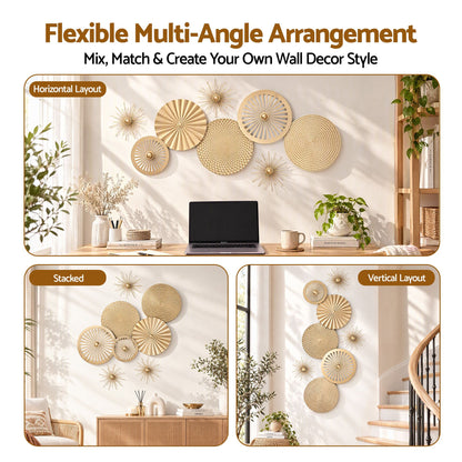 Artiss 8 Pieces Gold Metal Wall Decor Set 3D Starburst Round Disc Sculptures Flexible DIY Layout
