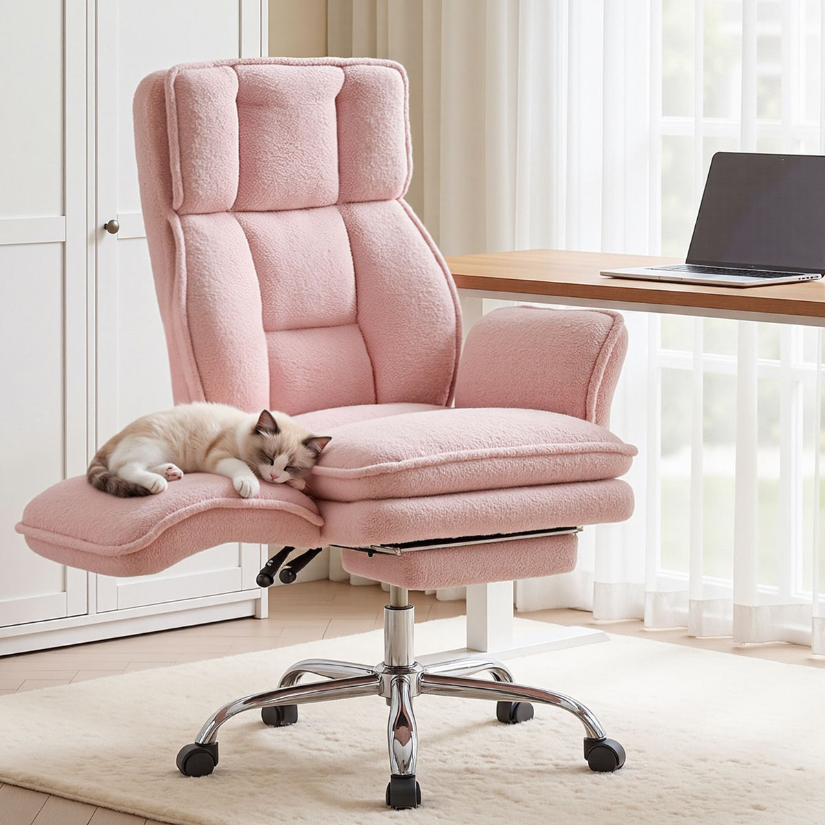 TWSC Big & Tall Criss Cross Office Chair with Flip Armrests Foot Rest Reclining Teddy Fleece Pink