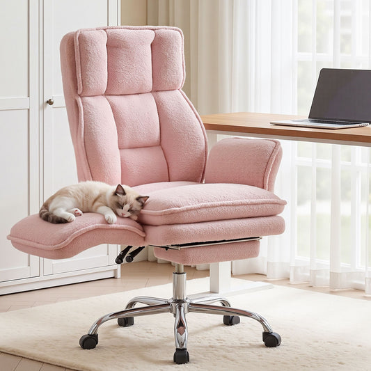 TWSC Big & Tall Criss Cross Office Chair with Flip Armrests Foot Rest Reclining Teddy Fleece Pink