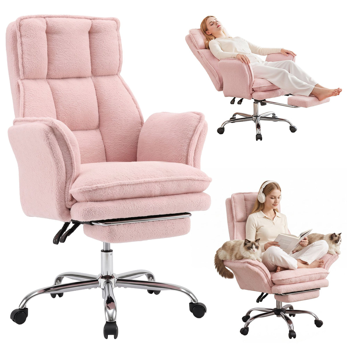 TWSC Big & Tall Criss Cross Office Chair with Flip Armrests Foot Rest Reclining Teddy Fleece Pink
