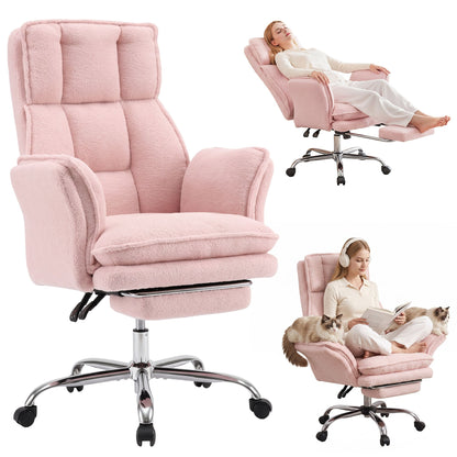 TWSC Big & Tall Criss Cross Office Chair with Flip Armrests Foot Rest Reclining Teddy Fleece Pink