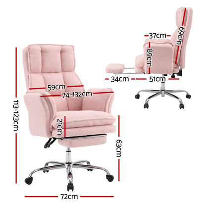 TWSC Big & Tall Criss Cross Office Chair with Flip Armrests Foot Rest Reclining Teddy Fleece Pink