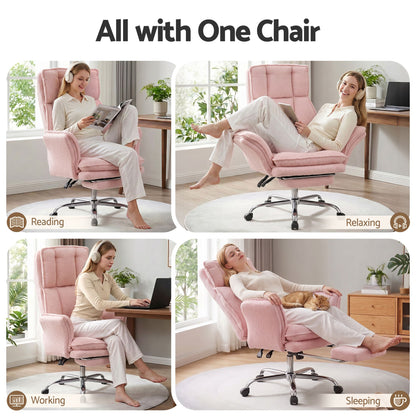 TWSC Big & Tall Criss Cross Office Chair with Flip Armrests Foot Rest Reclining Teddy Fleece Pink