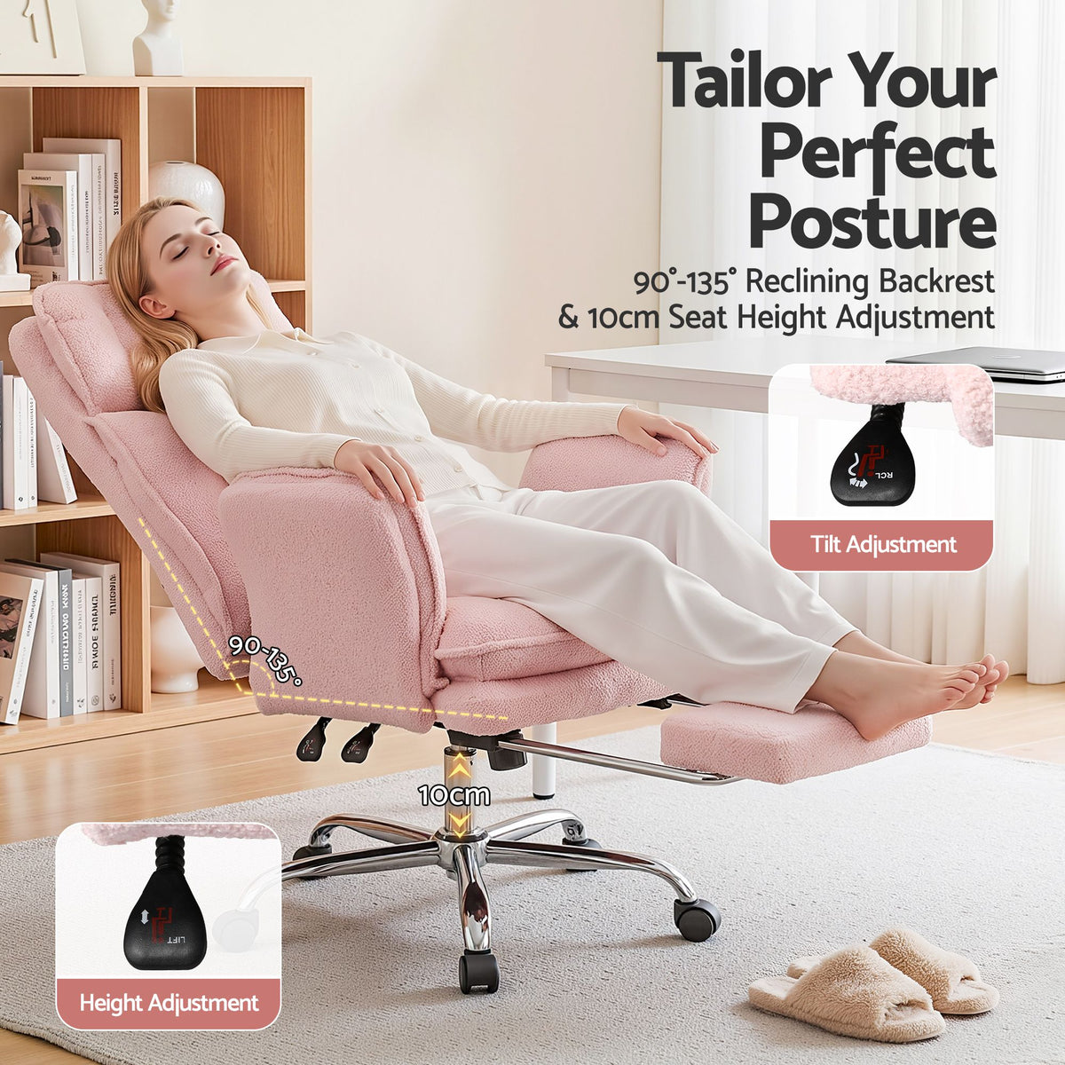 TWSC Big & Tall Criss Cross Office Chair with Flip Armrests Foot Rest Reclining Teddy Fleece Pink